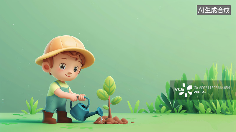 【AI数字艺术】植树节一个戴着草帽男孩在浇水种树C4D图片素材