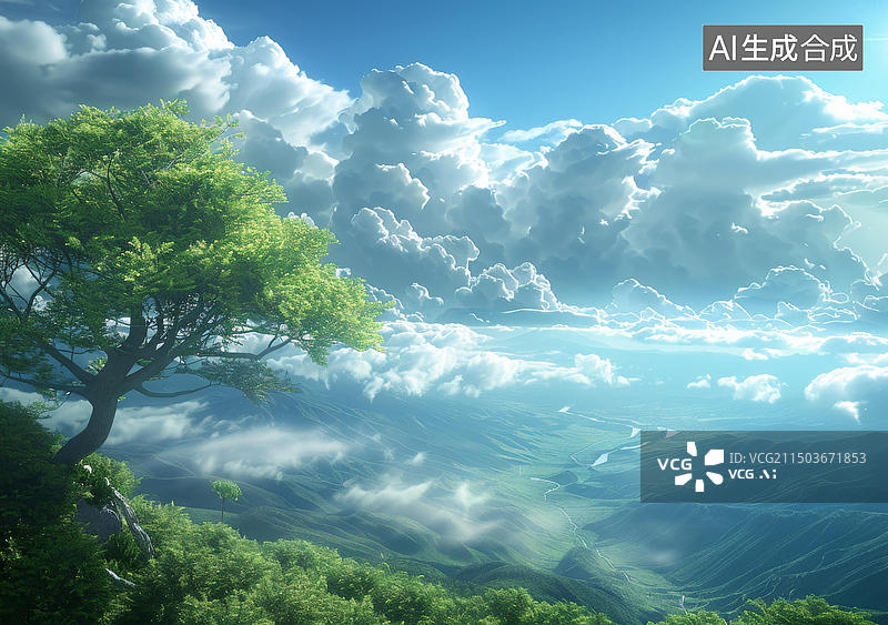 【AI数字艺术】云海之上的树图片素材