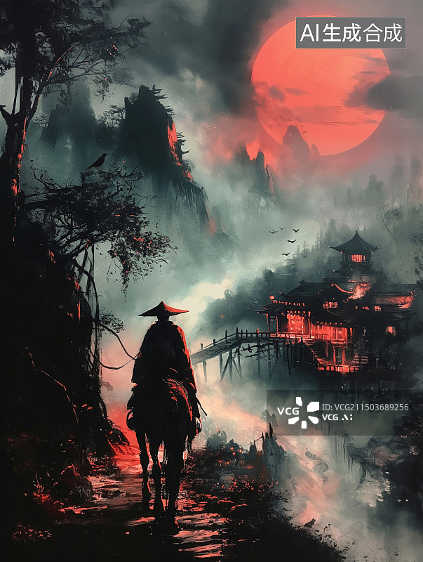 【AI数字艺术】马致远的《天净沙·秋思》诗歌意境：枯藤老树昏鸦 小桥流水人家 古道西风瘦马 夕阳西下 断肠人在天涯图片素材