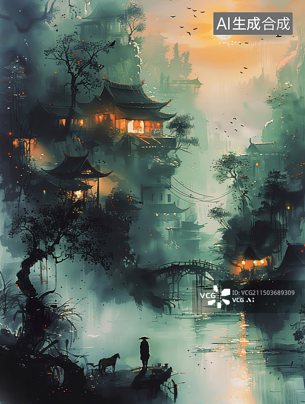 【AI数字艺术】马致远的《天净沙·秋思》诗歌意境：枯藤老树昏鸦 小桥流水人家 古道西风瘦马 夕阳西下 断肠人在天涯图片素材