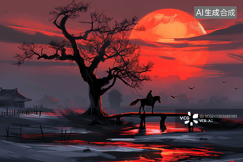 【AI数字艺术】马致远的《天净沙·秋思》诗歌意境：枯藤老树昏鸦 小桥流水人家 古道西风瘦马 夕阳西下 断肠人在天涯图片素材