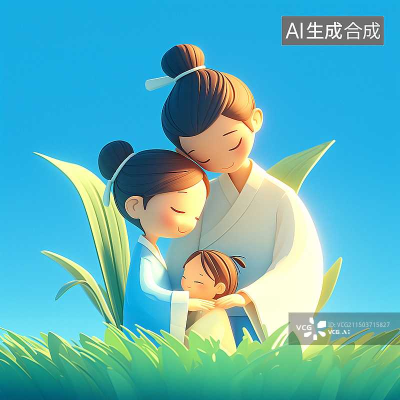 【AI数字艺术】一家三口穿着汉服在草丛玩耍户外亲子3D插画图片素材