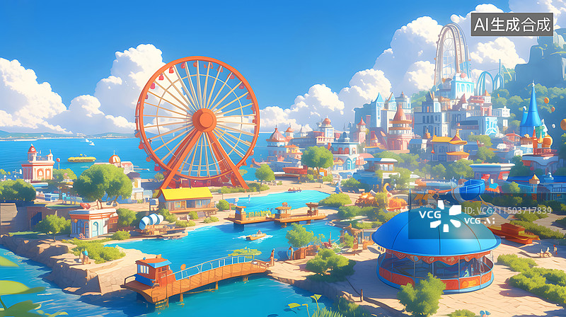 【AI数字艺术】夏季水上乐园酒店度假村欢乐城堡图片素材