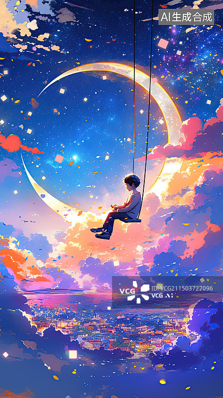 【AI数字艺术】在海上的秋千天上的月亮图片素材