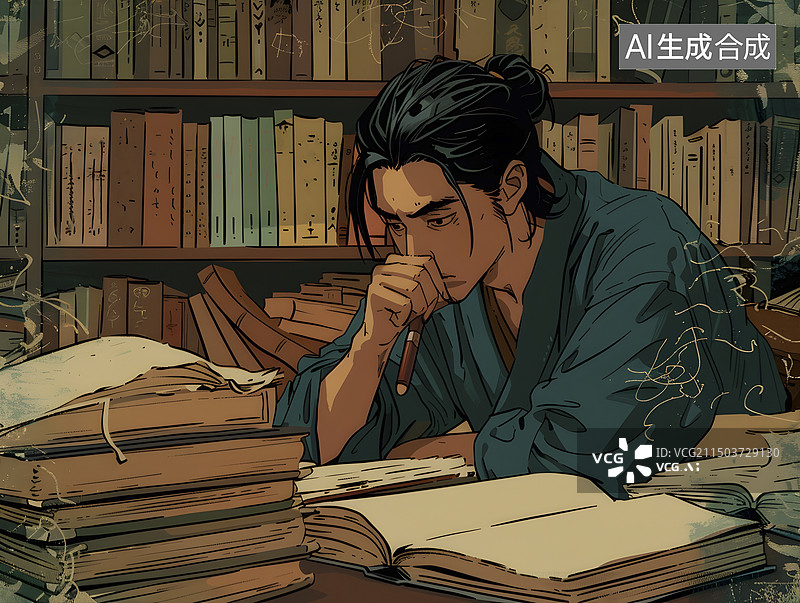 【AI数字艺术】男生坐在书堆旁思考的画面图片素材