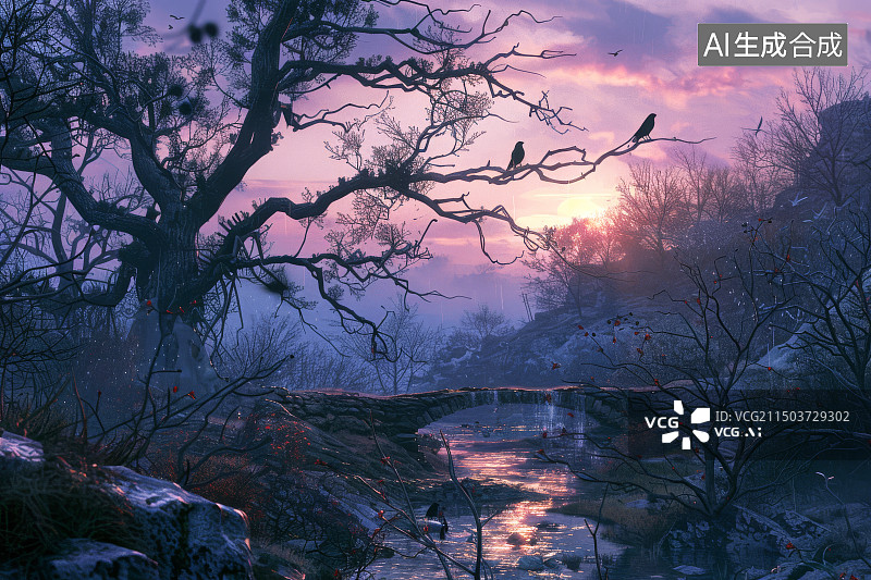 【AI数字艺术】枯藤老树昏鸦小桥流水夕阳西下背景图图片素材