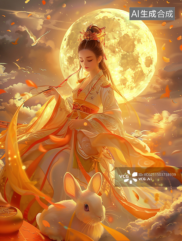 【AI数字艺术】古风中秋节女孩和玉兔在满月前的插画 婵娥给兔子喂月饼图片素材
