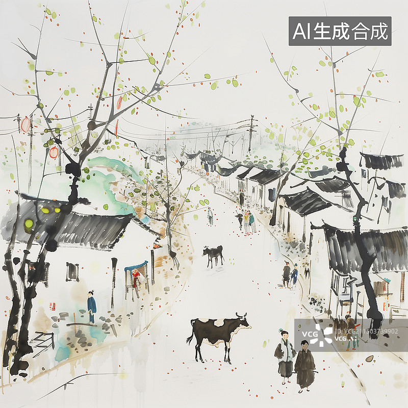 【AI数字艺术】水彩风格的古镇古村落老房子水彩画图片素材