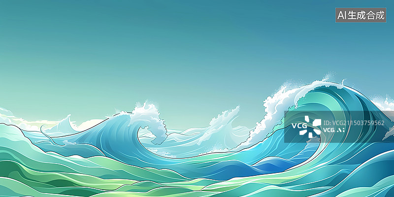 【AI数字艺术】3D卡通蓝色清凉感波浪浪花背景图案图片素材