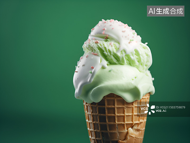 【AI数字艺术】绿色背景下的冰淇淋特写镜头图片素材