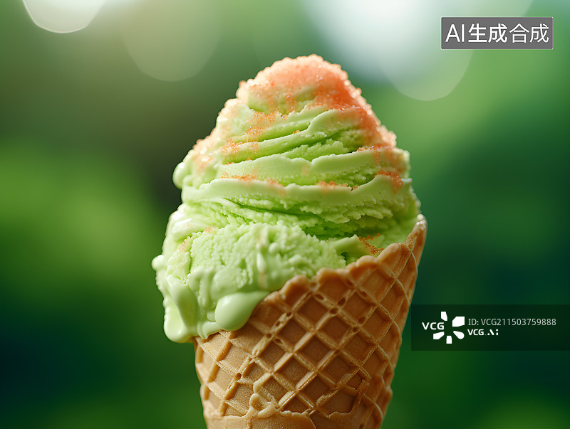 【AI数字艺术】绿色背景下的冰淇淋特写镜头图片素材