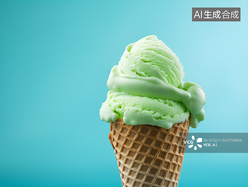 【AI数字艺术】绿色背景下的冰淇淋特写镜头图片素材
