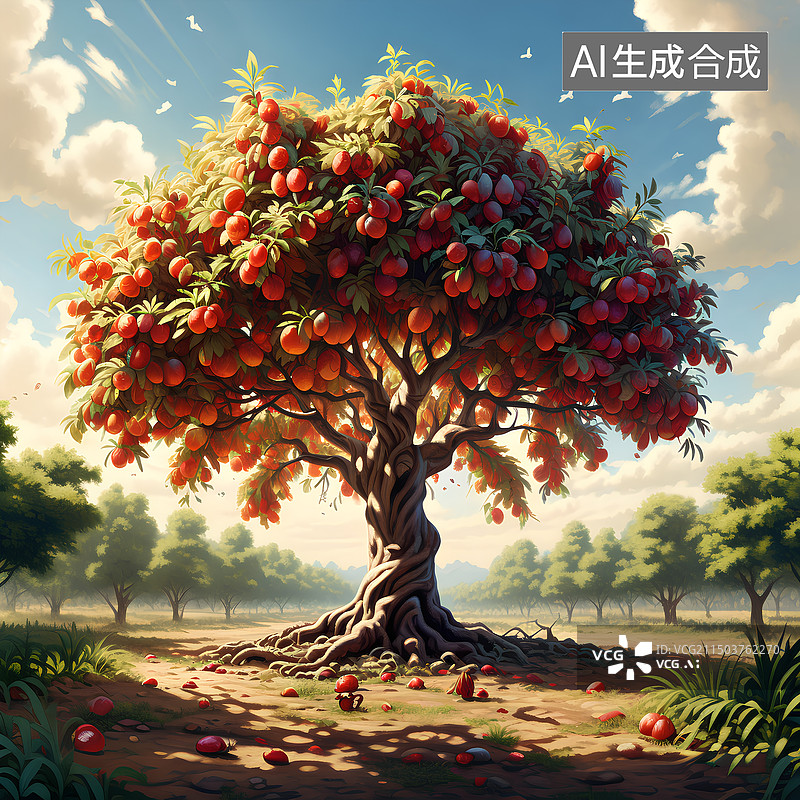 【AI数字艺术】一棵枣树，红枣绿叶插画。图片素材