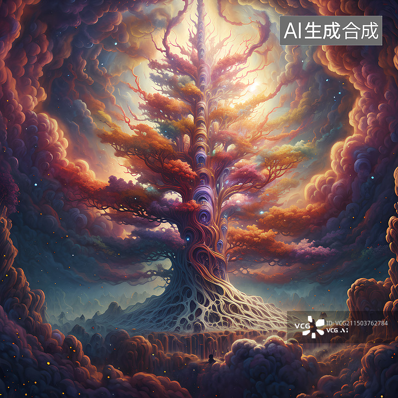 【AI数字艺术】星云神树，玄幻场景，戏剧性天空。图片素材