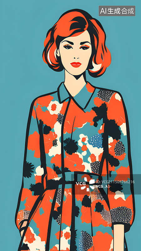【AI数字艺术】复古时尚穿搭女模特，服装设计，潮流时装，丝网印刷风格手绘插画图片素材