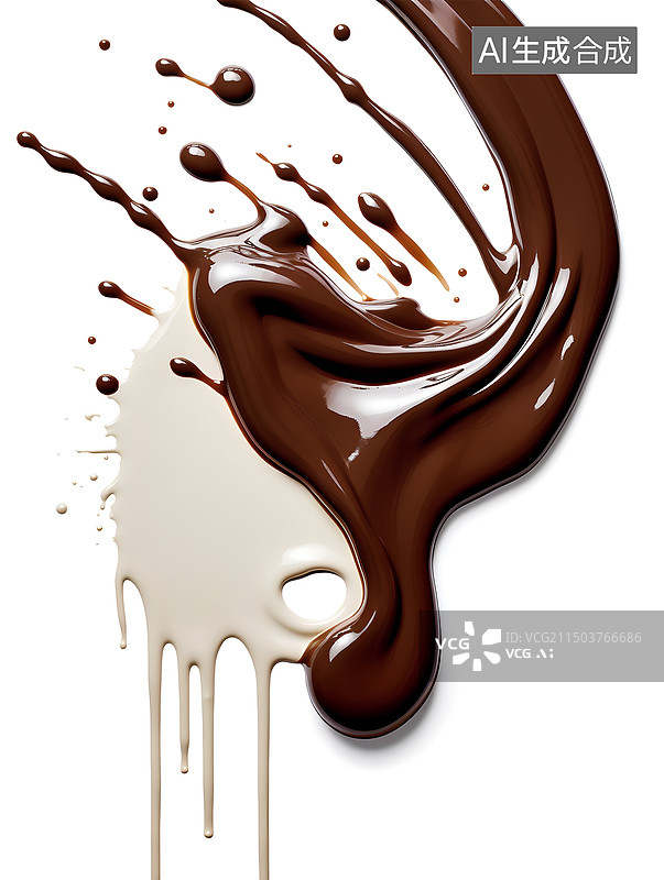 【AI数字艺术】心形巧克力甜品和融化飞溅的巧克力以及丝滑的巧克力背景图图片素材