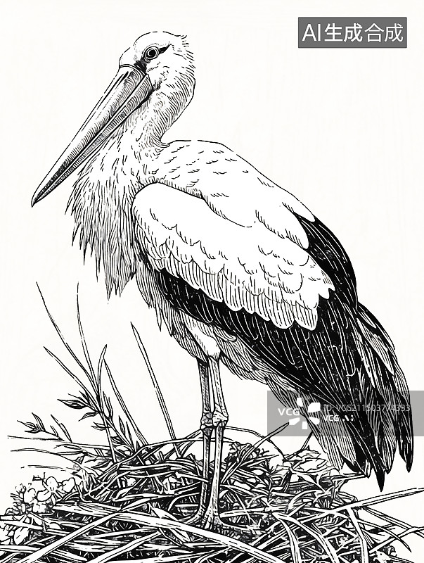 【AI数字艺术】东方白鹳钢笔版画图片素材