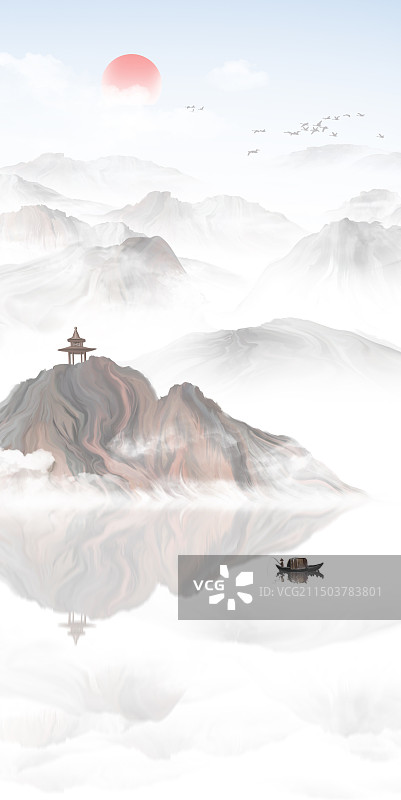 竖版新中式意境山水画图片素材