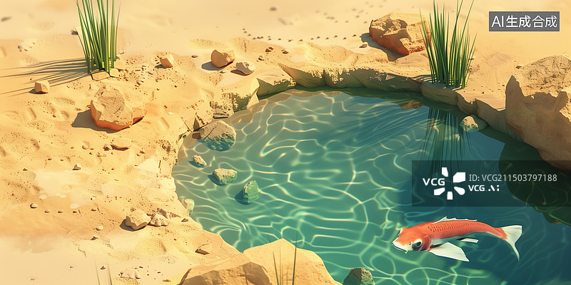【AI数字艺术】白天晴天沙漠中圆水坑中的鱼3D卡通插画图片素材