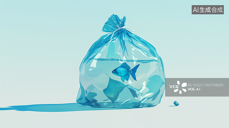 【AI数字艺术】白底有水的封口透明塑料袋中的鱼3D卡通插画图片素材
