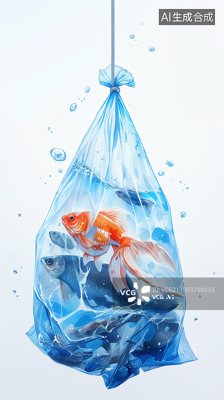 【AI数字艺术】白底有水的封口透明塑料袋中的鱼3D卡通插画图片素材