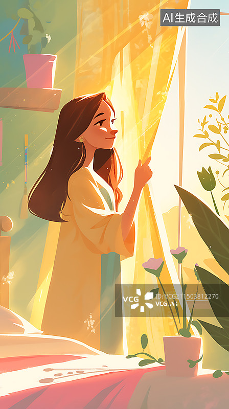 【AI数字艺术】一个女人站在窗台边插画图片素材