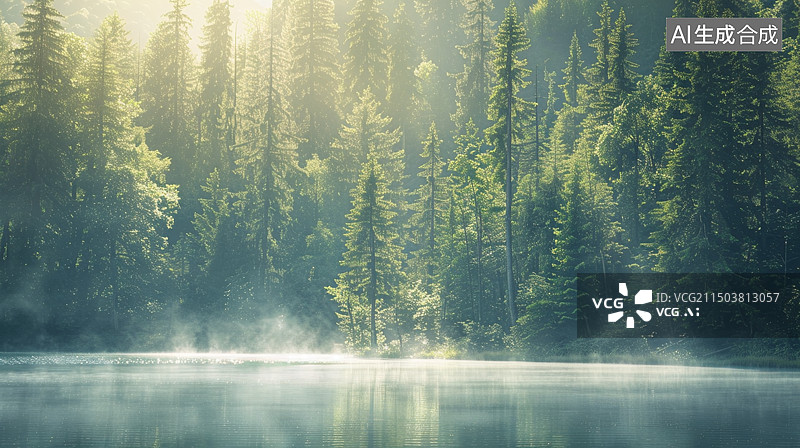 【AI数字艺术】湖水边的森林图片素材