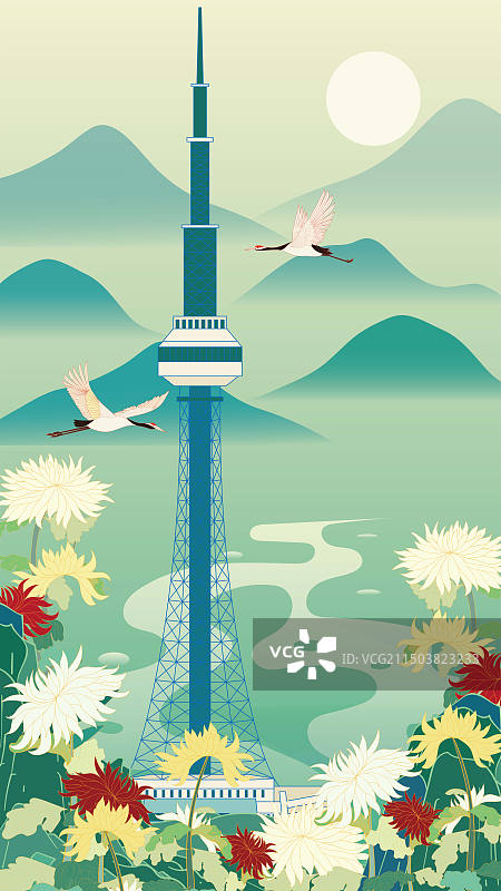 国风地标城市风光系列—国潮风 吉林省长春广播电视塔 矢量插画图片素材