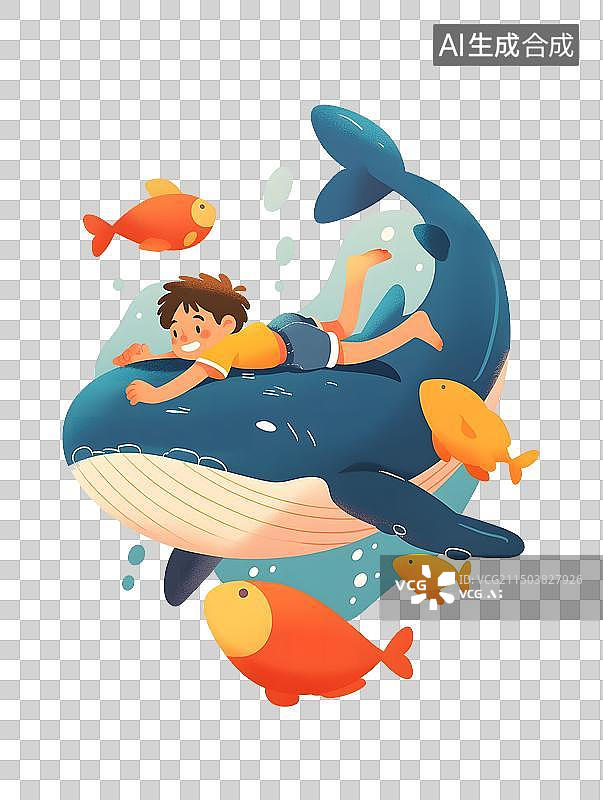 【AI数字艺术】躺在鲸鱼上的孩子图片素材