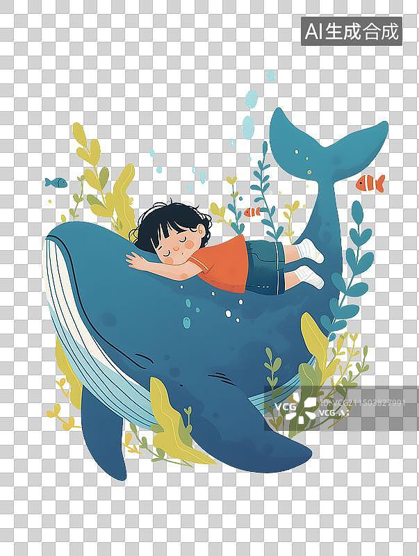 【AI数字艺术】躺在鲸鱼上的孩子图片素材