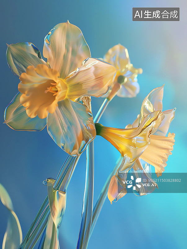 【AI数字艺术】水晶质感半透明水仙花图片素材