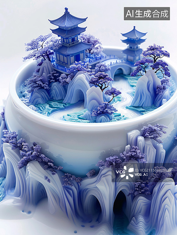 【AI数字艺术】3D国风青花瓷山水雕塑图片素材