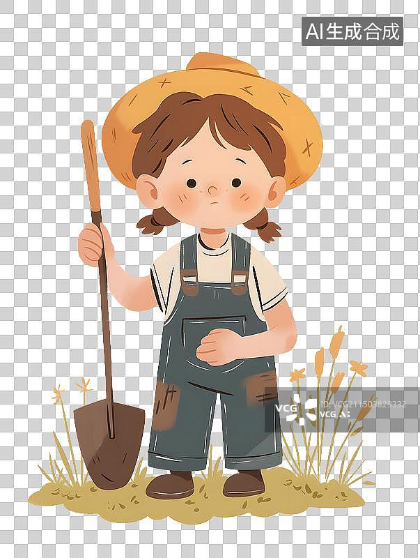 【AI数字艺术】拿着工具的农民可爱卡通平面插画图片素材