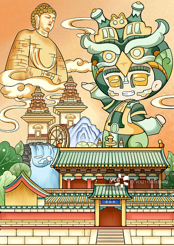 兽形觥IP形象与山西太原蒙山大佛小场景设计图片素材