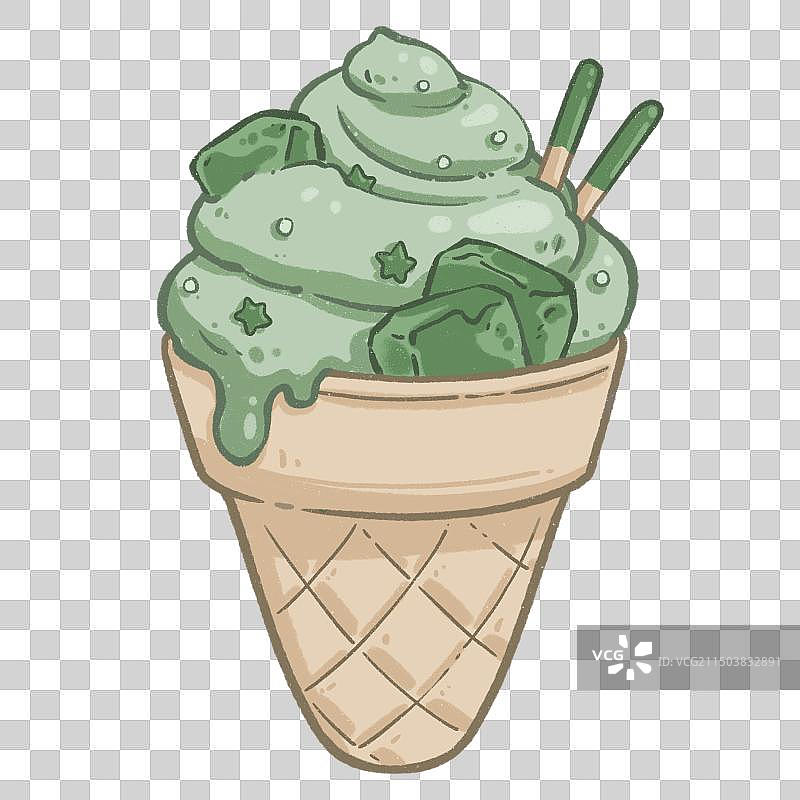 夏日冰淇淋甜筒手绘元素png抹茶味图片素材