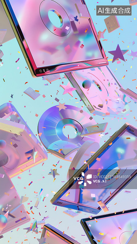 【AI数字艺术】彩色五彩纸屑和手机的高角度视图图片素材