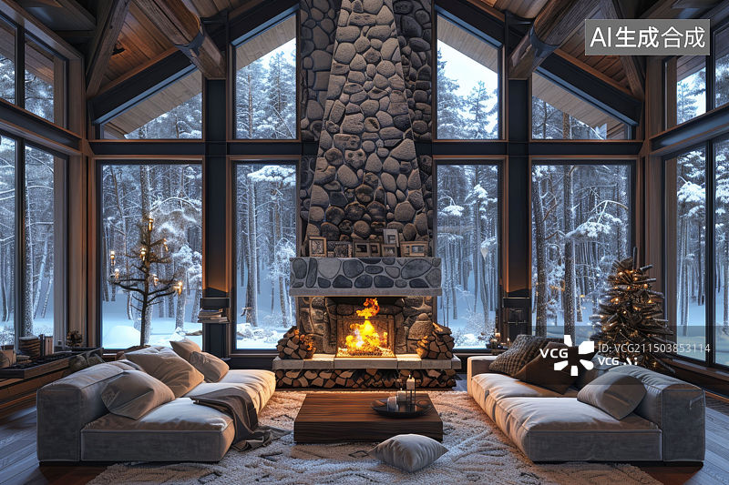 【AI数字艺术】冬日温馨温暖壁炉室内设计Cozy Winter Snowy View Living Room图片素材