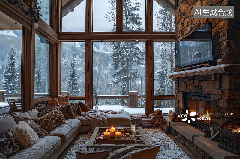 【AI数字艺术】冬日温馨温暖壁炉室内设计Cozy Winter Snowy View Living Room图片素材