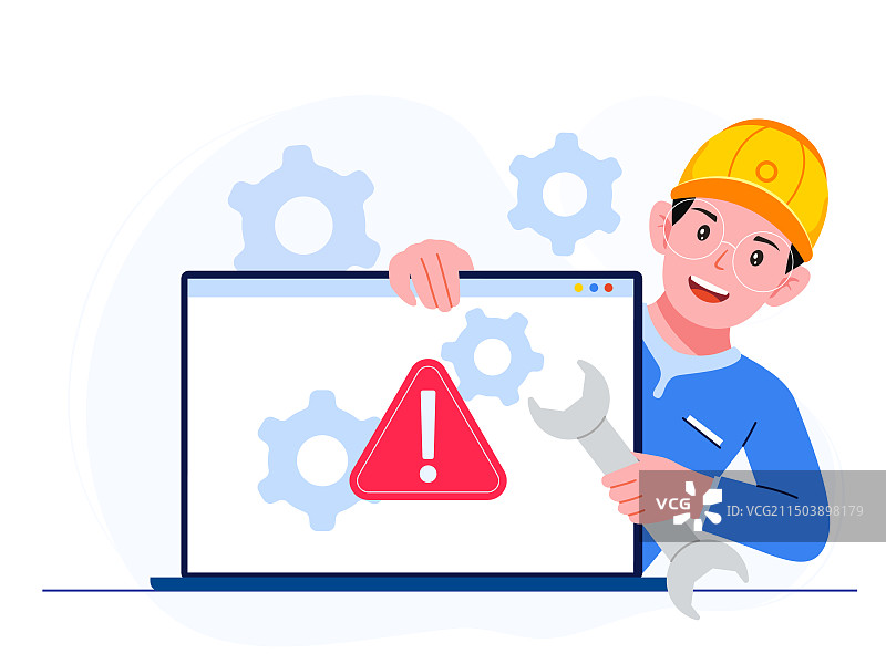 工程师手抱电脑另一只手拿着扳手矢量插画图片素材