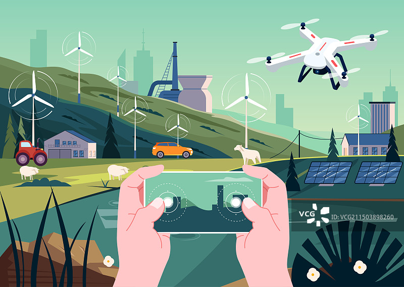 手拿遥控器控制无人机，背景是农村矢量插画图片素材