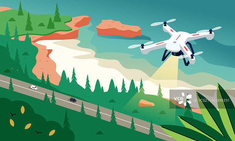 一个无人机下面是郊区俯瞰图矢量扁平插画图片素材