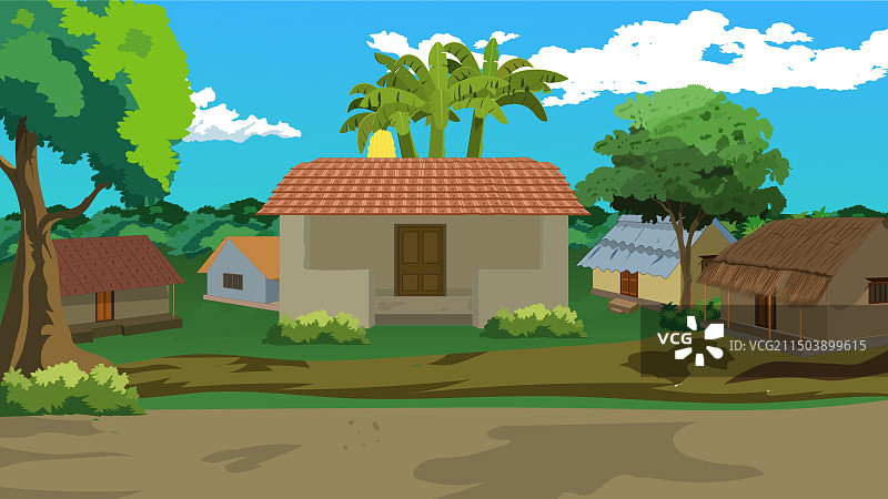 带有小屋和树木背景的印度乡村道路图片素材