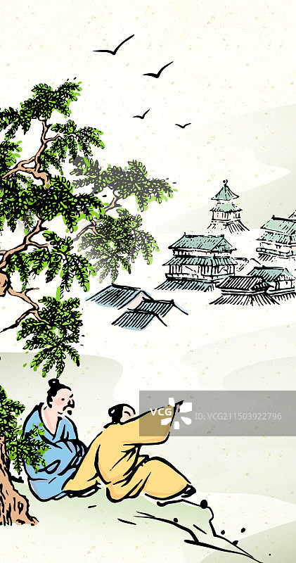 远眺，城市，聊天，对话，讨论，传统文化古代文学名著诗词插画图片素材