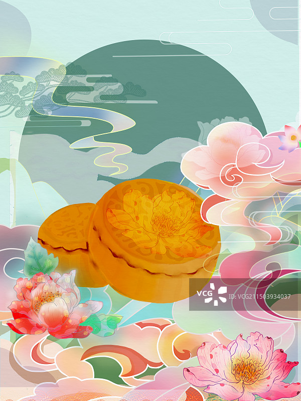 中国传统节日大好河山中秋佳节圆月高挂吃月饼团圆喜庆美好祝福国风插画图片素材