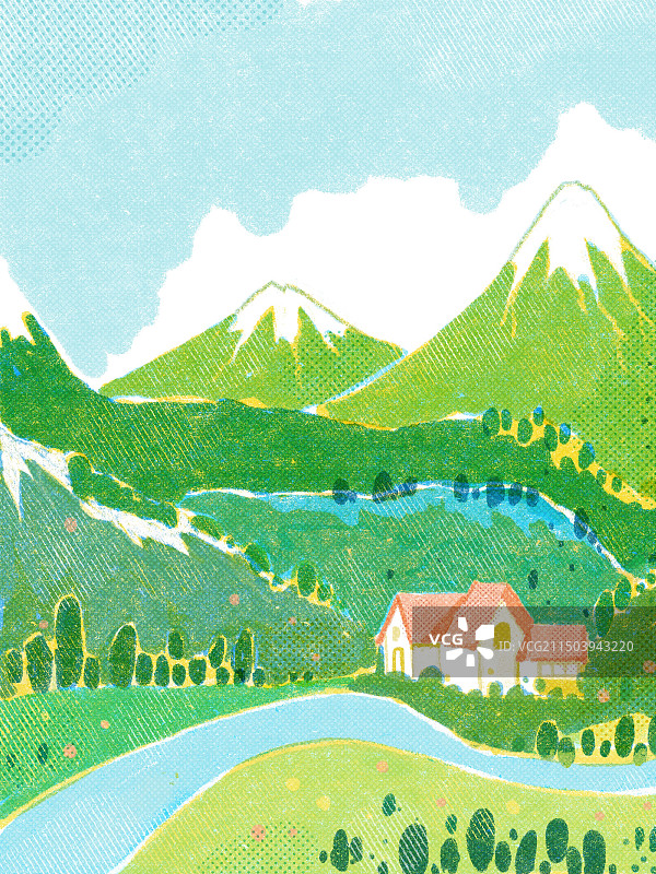 新疆阿勒泰雪山水河流扁平印刷风格插画图片素材