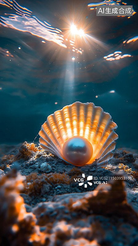 【AI数字艺术】海底世界 装着一颗珍珠的蚌壳 阳光光束图片素材