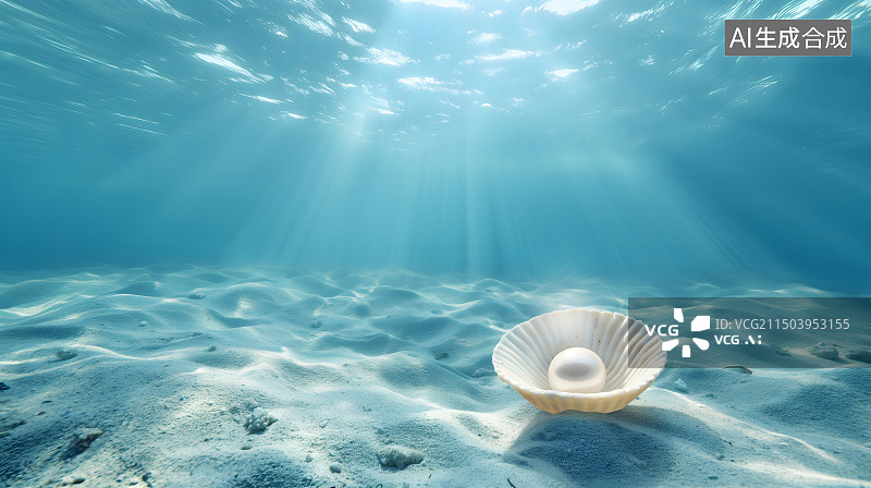 【AI数字艺术】海底世界 装着一颗珍珠的蚌壳 阳光光束图片素材
