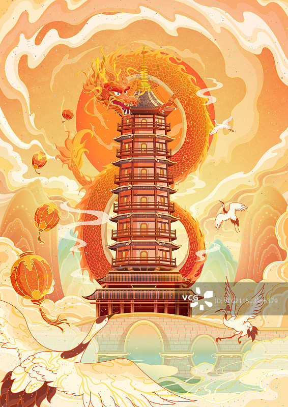 重庆渝北冲云塔国风插画海报图片素材