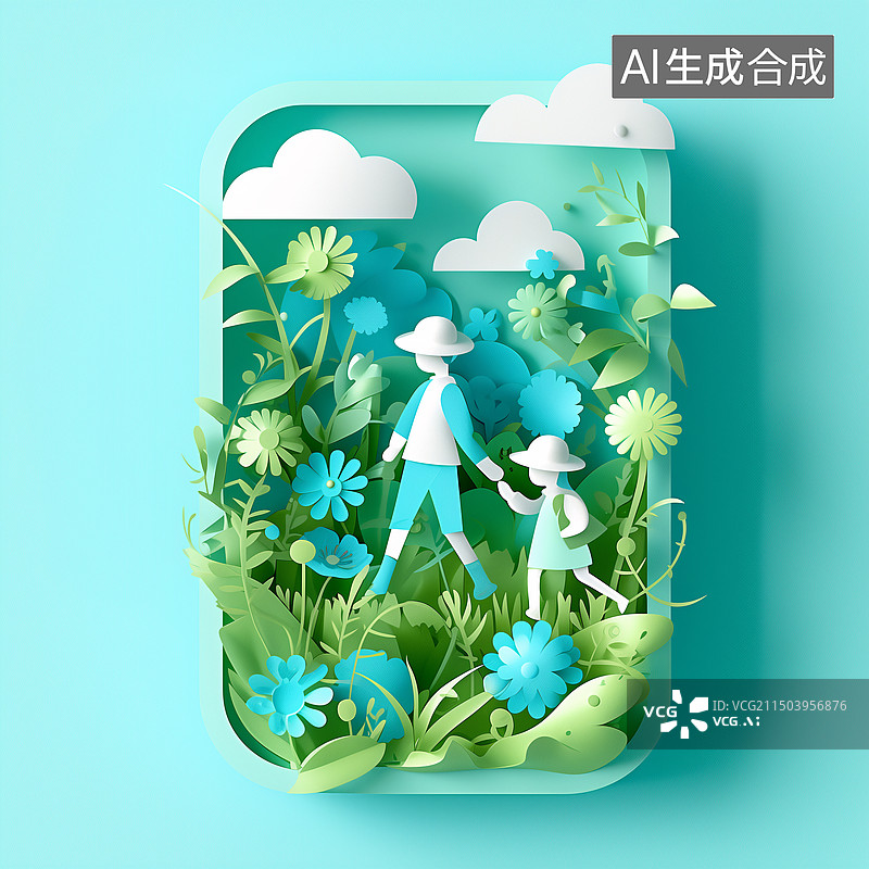 【AI数字艺术】夏天爸爸带着女儿在花草丛中玩耍父亲节3D插画图片素材