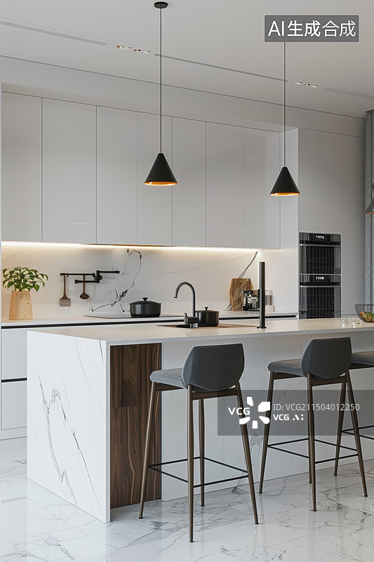 【AI数字艺术】现代开放式厨房餐厅吧台样板间图片素材